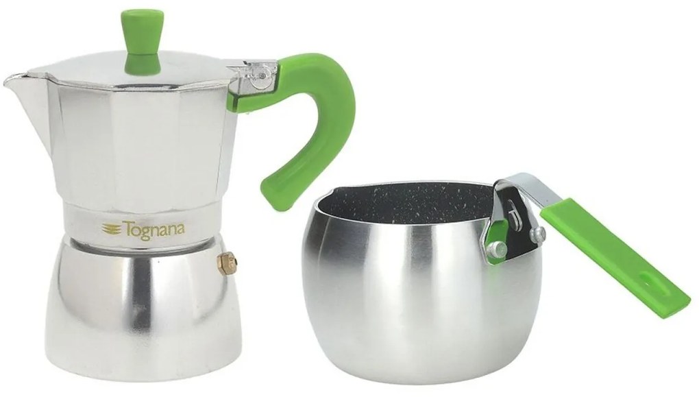 Set cafetiera si fierbator lapte Grancucina, Tognana, aluminiu, argintiu/verde