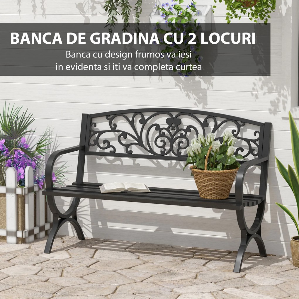 Banca pentru gradina Outsunny din fonta prelucrata, Negru, 127x60x85cm | Aosom Romania