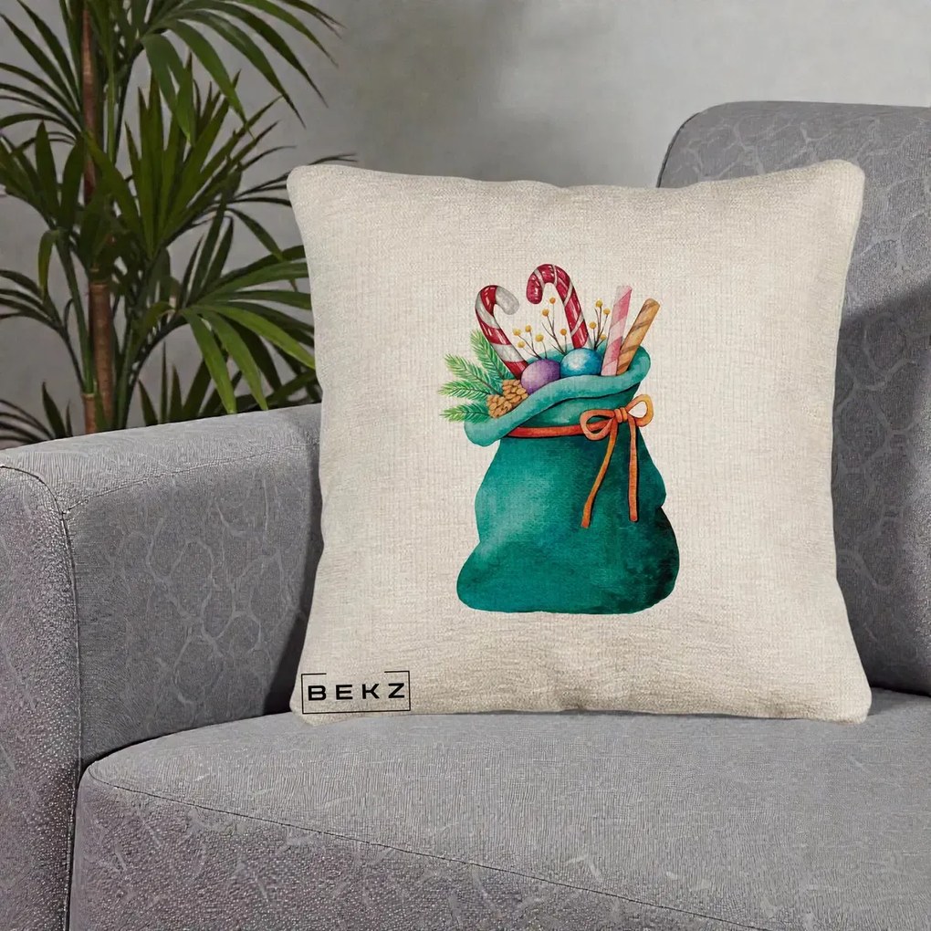 Perna Decorativa Saculet Cadouri Mos Craciun Acuarela Verde, 40x40 cm, Bej Canapea, Husa Detasabila, Perna Inclusa, BEKZ®