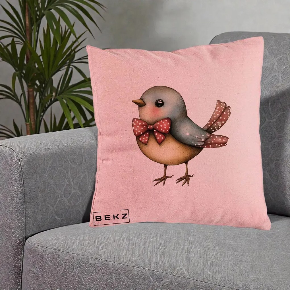 Perna Decorativa Pasare Bleu cu Fundita Rosie, 40x40 cm, Roz, Husa Detasabila, Perna Inclusa, BEKZ®
