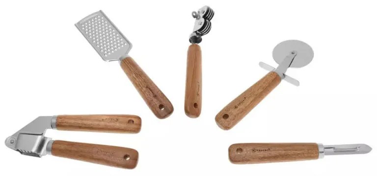 Set ustensile bucatarie Kassel KS 93706, 5 piese, Manere salcam, Otel inoxidabil