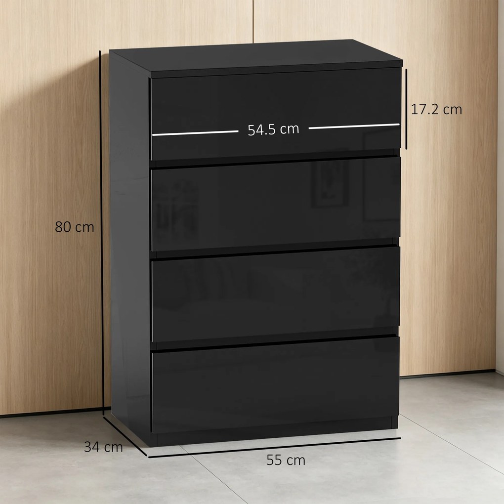 HOMCOM Comodă cu 4 Sertare din Lemn, pentru Dormitor, Modernă și Multifuncțională, 55x33x80 cm, Negru | Aosom Romania