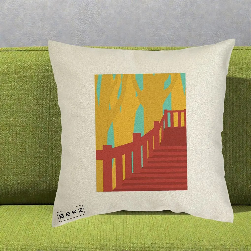 Perna Decorativa Scari Toamna Peisaj Grafic, 40x40 cm, Ecru, Husa Detasabila, Perna Inclusa, BEKZ®