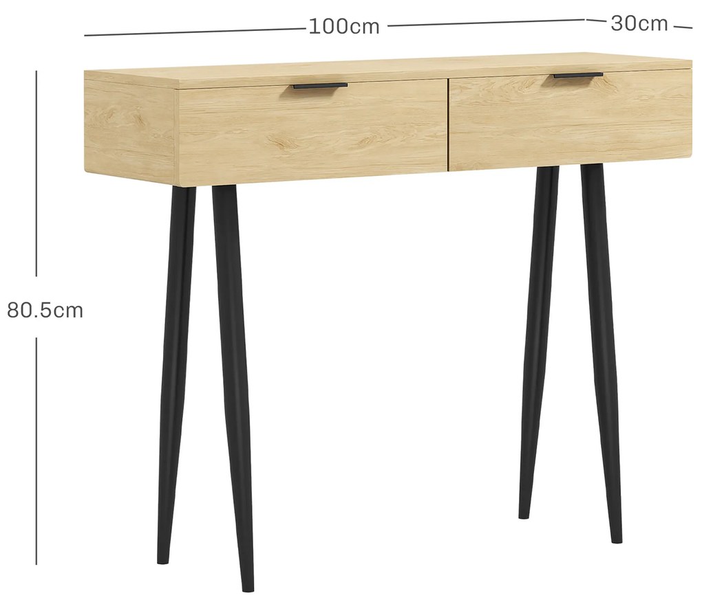 HOMCOM Consolă cu 2 Sertare, cu o finisare din lemn de stejar, Picioare are un dispozitiv anti-răsturnarel, 100x30x80,5 cm, Natural | Aosom Romania