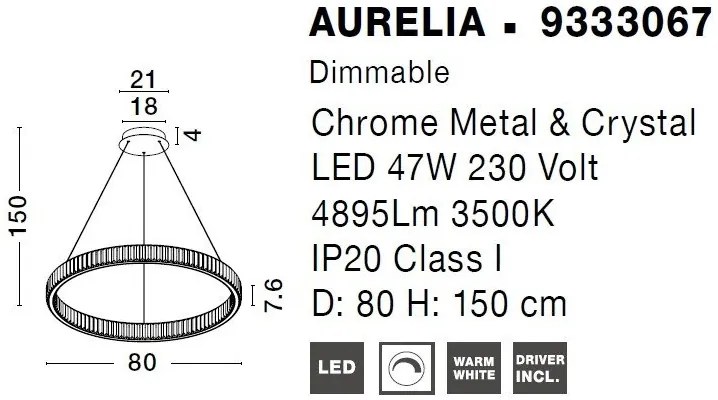 Lustra LED suspendata , dimabila, cristal design elegant AURELIA crom 80cm