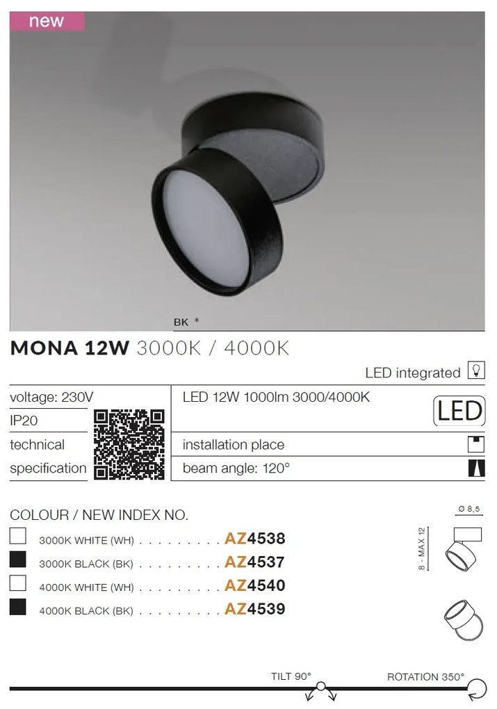 Spot LED aplicat directionabil de tavan/plafon MONA 12W 3000K alb