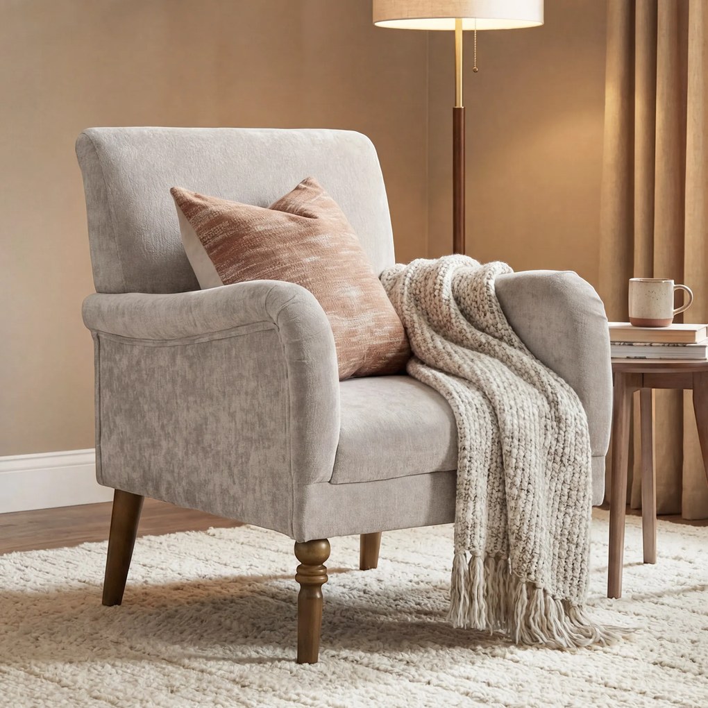 HOMCOM Fotoliu de salon, 1 loc cu spătar înalt, cotiere, șezut lat, picioare din lemn de hevea, material cu aspect de in, gri | Aosom Romania