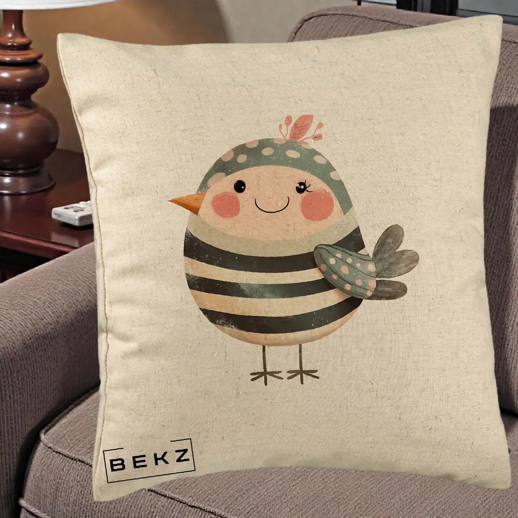 Perna Decorativa Pui Kawaii Teal cu Flori, 40x40 cm, Bej, Husa Detasabila, Perna Inclusa, BEKZ®