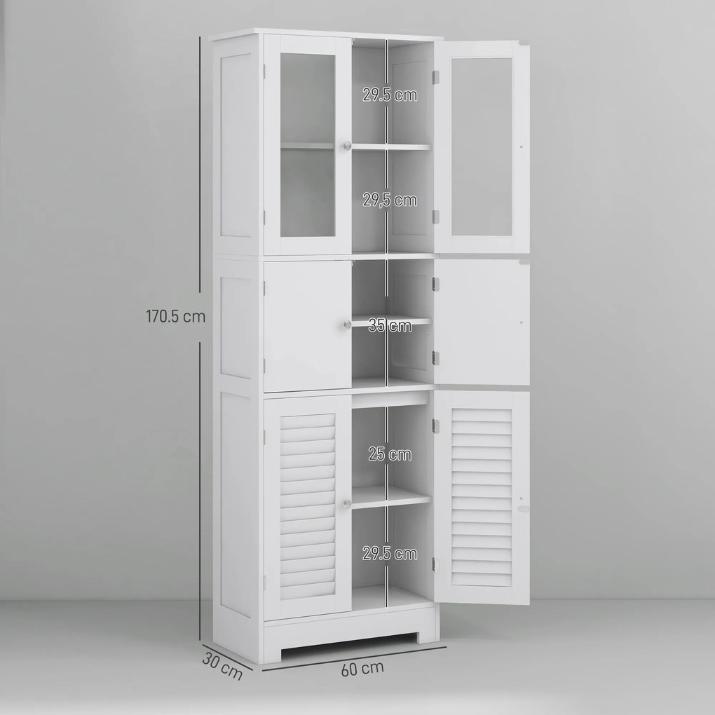 HOMCOM Dulap pentru Baie cu 3 Uși Duble din Lemn 60x30x170.5 cm, Alb | Aosom Romania