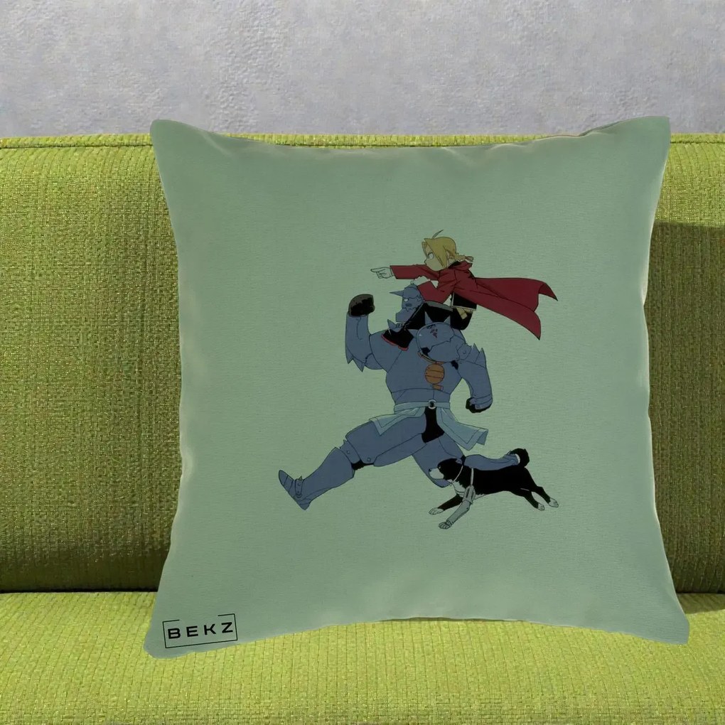 Perna Personalizata Fullmetal Alchemist Edward si Alphonse, 40x40 cm, Verde, Husa Detasabila, Perna Inclusa, BEKZ®
