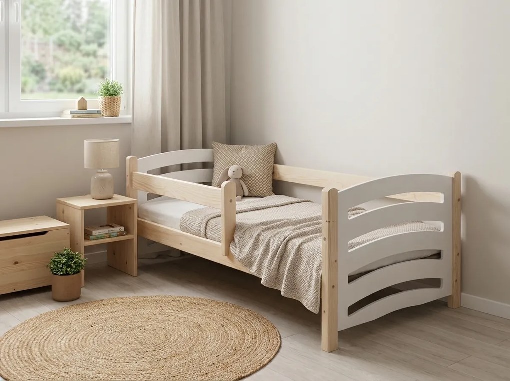 Pat pentru copii MELA 80 x 160 cm, alb–pin Saltele: Saltea COCO 10 cm, Somiera pat: Cu lamele curbate
