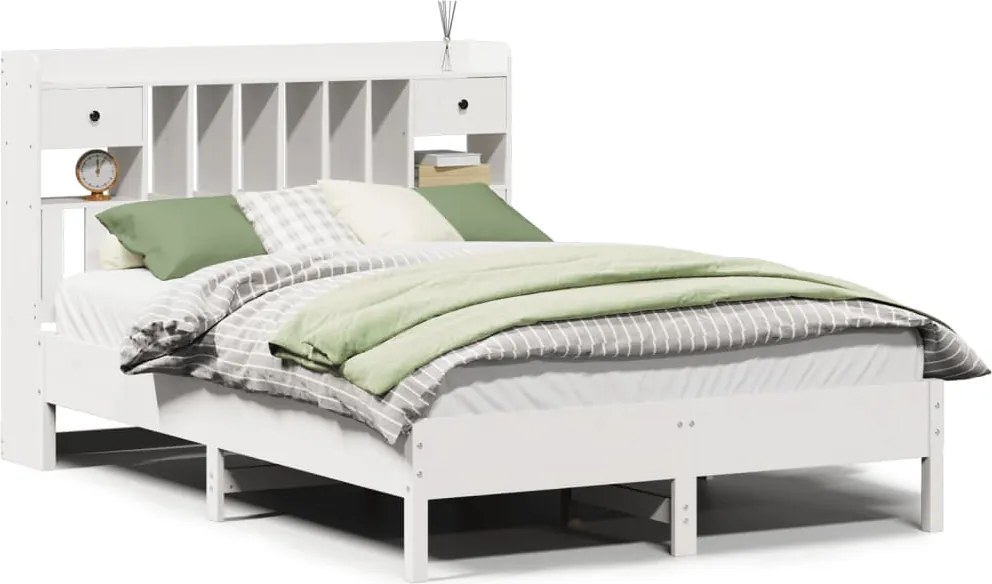 vidaXL Pat cu bibliotecă fără saltea, alb, 150x200 cm, lemn masiv pin