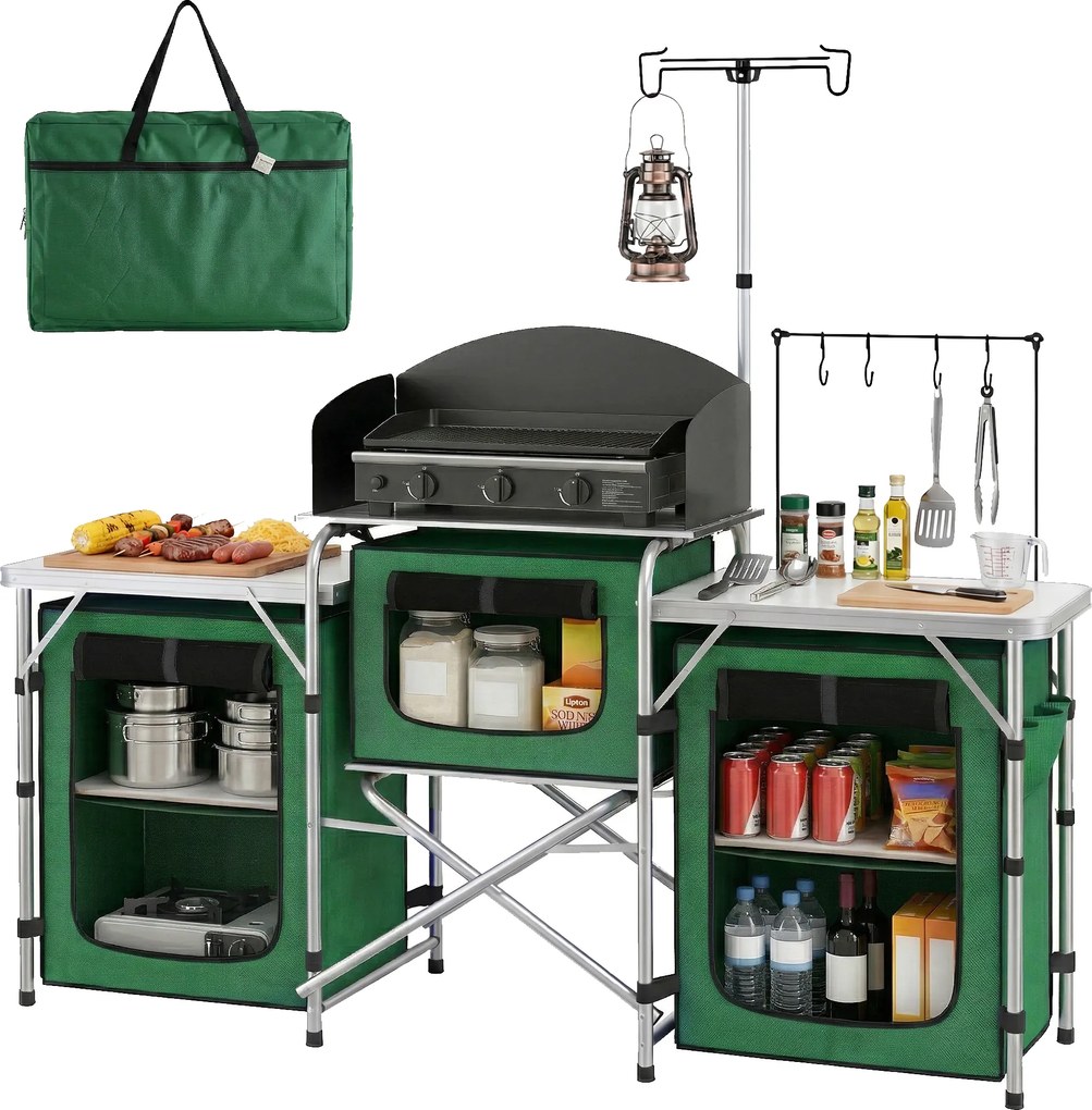 Outsunny Mobilier de Bucătărie pentru Camping Pliabil cu 3 Blaturi, 4 Cârlige, Stâlp de Lumină și Husă de Transport 172x48x119 cm Verde | Aosom Romania