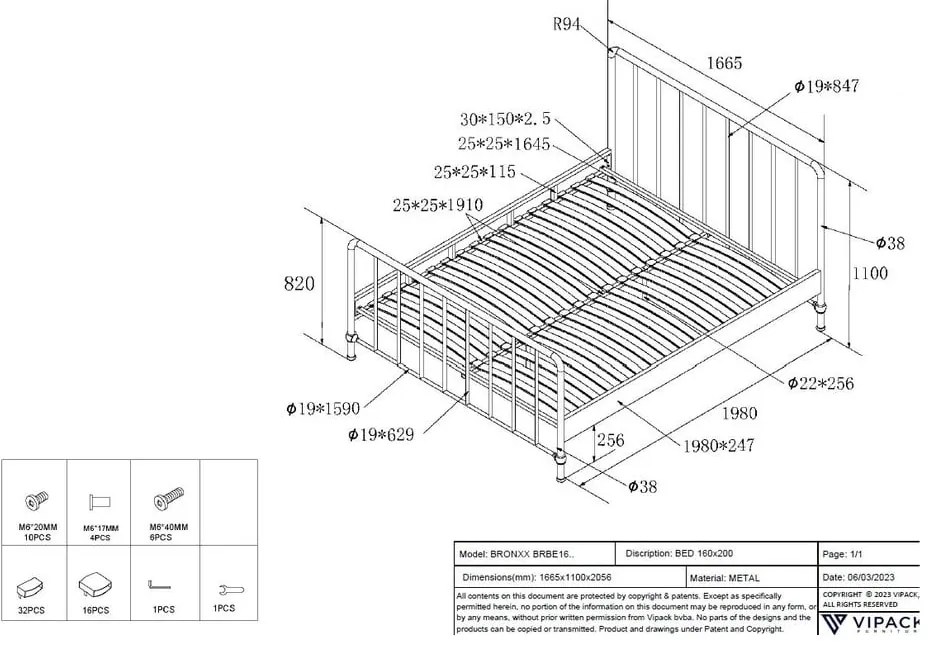 Pat matrimonial verde din metal cu somieră 160x200 cm BRONXX – Vipack