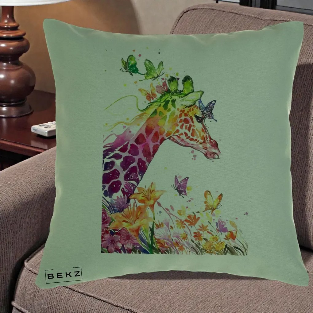Perna Decorativa Girafa Curcubeu Acuarela, 40x40 cm, Verde, Husa Detasabila, Perna Inclusa, BEKZ®