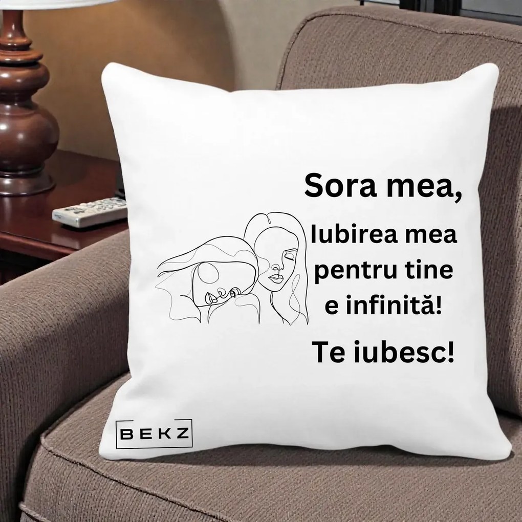 Cadou pentru Sora - Perna Personalizata Sora Mea Te Iubesc Line Art Portrete Fata in Fata, 40x40 cm, Alba Mata, Husa Detasabila, Perna Inclusa, BEKZ®