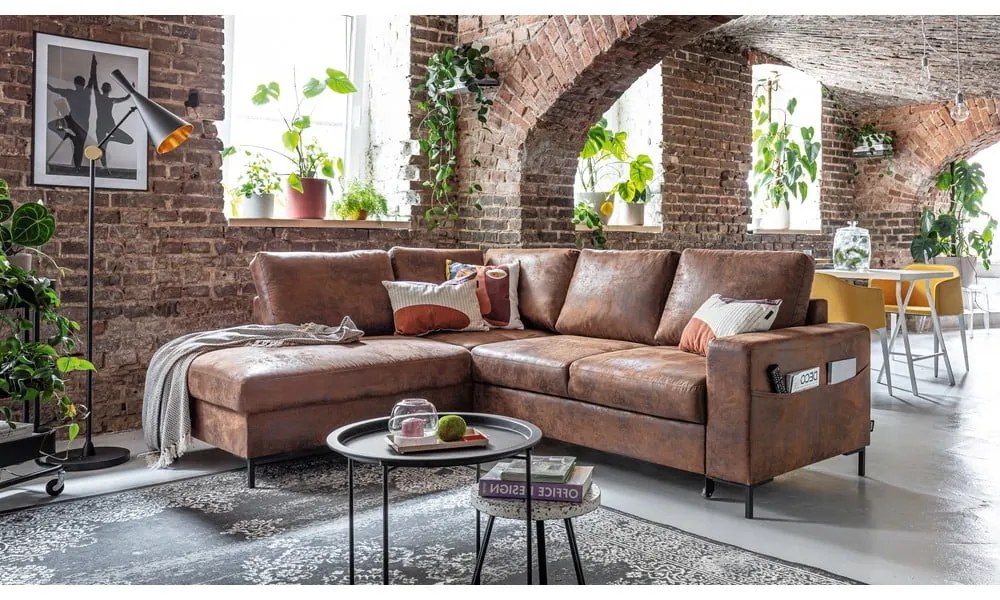 Colțar maro extensibil cu tapițerie din imitație de piele (cu colț pe partea stângă ) Lofty Lilly – Miuform