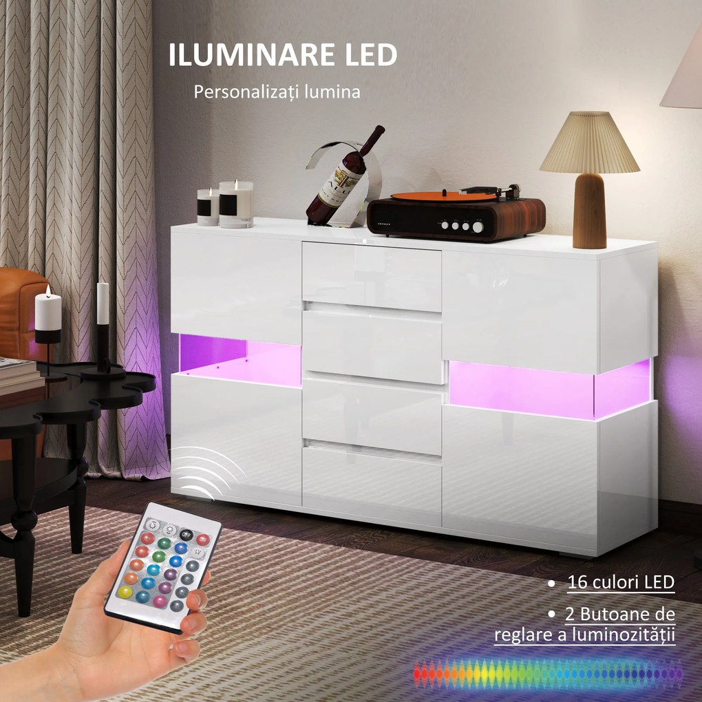 HOMCOM Bufet cu Lumini LED Reglabile prin Telecomandă, Mobilier de Sufragerie cu 4 Sertare și 2 Dulapuri, 120x34x70 cm, Alb | Aosom Romania