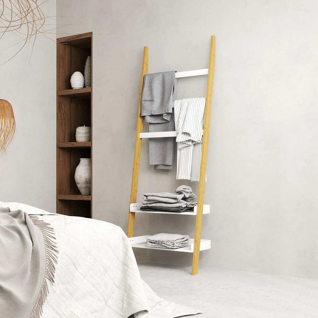 HOMCOM Etajeră de depozitare etajeră scară cu 2 rafturi și 3 suporturi pentru prosoape pentru cameră și living, alb | Aosom Romania