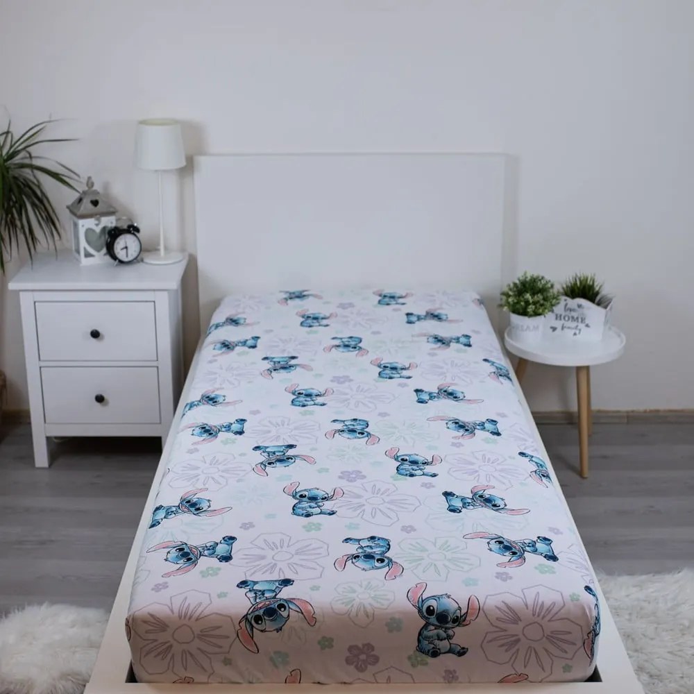Cearceaf pentru copii alb din bumbac pentru pat de o persoană cu elastic 90x200 cm Lilo and Stitch "Ohana White" – Jerry Fabrics