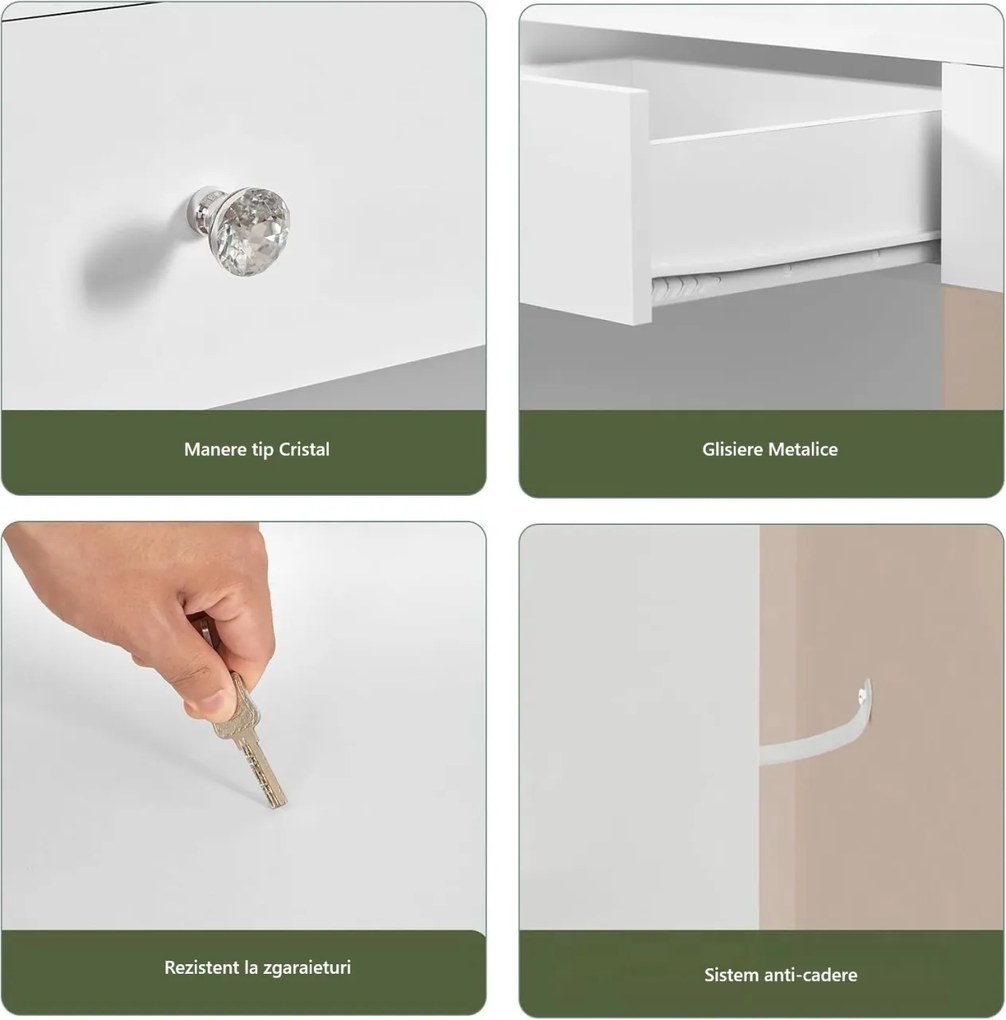 Masuta machiaj cu Oglinda LED si 3 Sertare pentru Cosmetice, Set Masa toaleta 102 cm, Alb, masuta cosmetica, vanity - SEA817