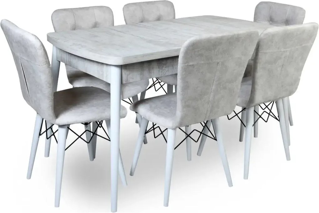 Set masa extensibila cu 6 scaune tapitate Homs cristal  bej-picior-alb-170 x 80 cm