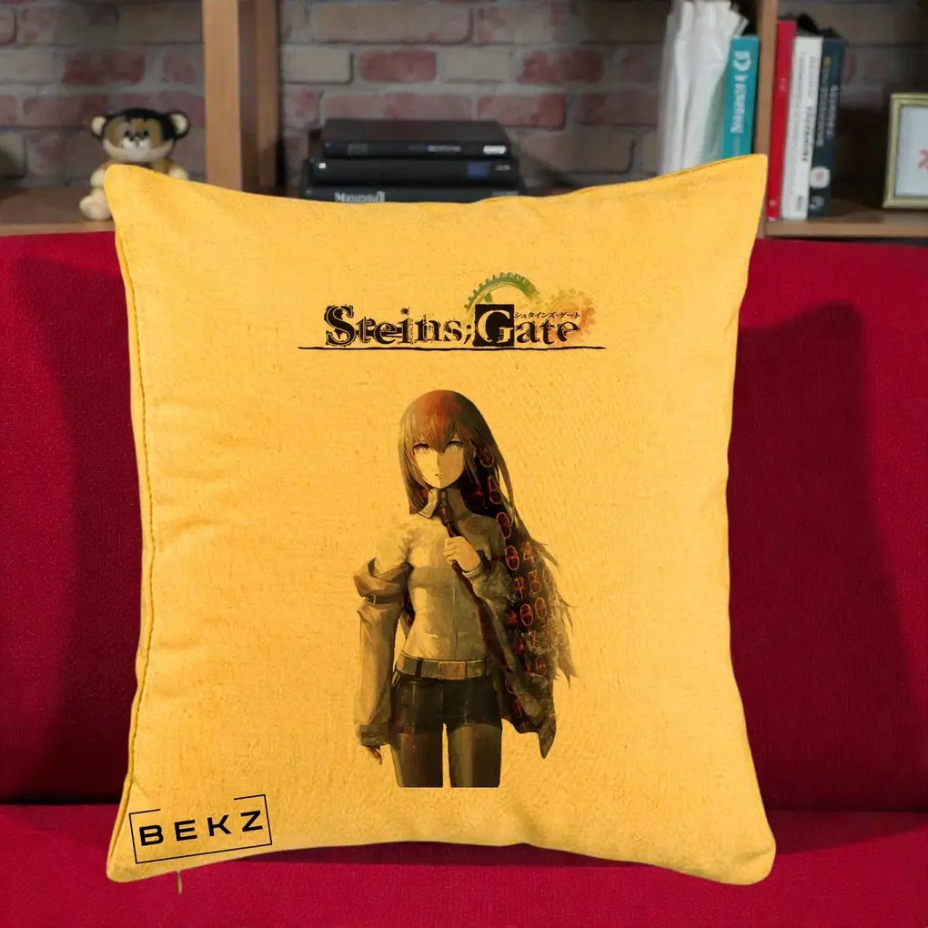 Perna Personalizata Steins Gate Kurisu Makise Anime, 40x40 cm, Galben, Husa Detasabila, Perna Inclusa, BEKZ®