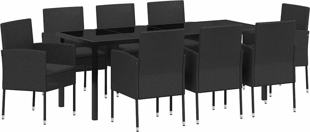 vidaXL Set de masă pentru grădină cu pernă 9 pcs Negru poliratan