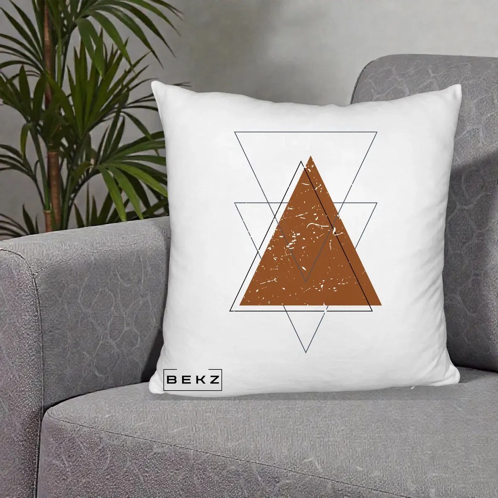 Perna Decorativa Geometric Triunghiuri Sacred, 40x40 cm, Alb Pufos, Husa Detasabila, Perna Inclusa, BEKZ®