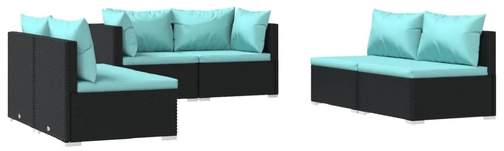 Set mobilier de gradina cu perne, 6 piese, negru, poliratan negru si albastru acvatic, 4x mijloc + 2x colt, 1