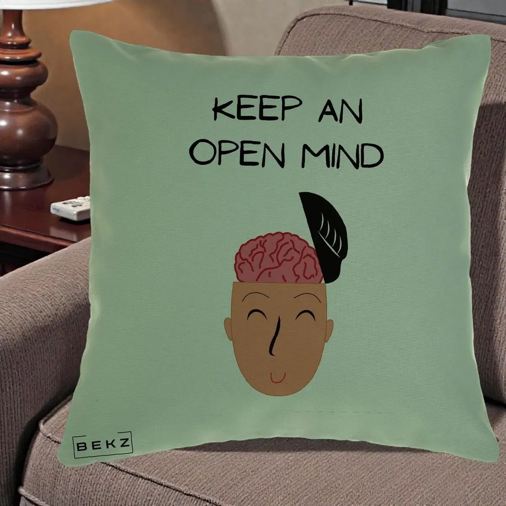 Perna Decorativa Keep An Open Mind, 40x40 cm, Verde, Husa Detasabila, Perna Inclusa, BEKZ®