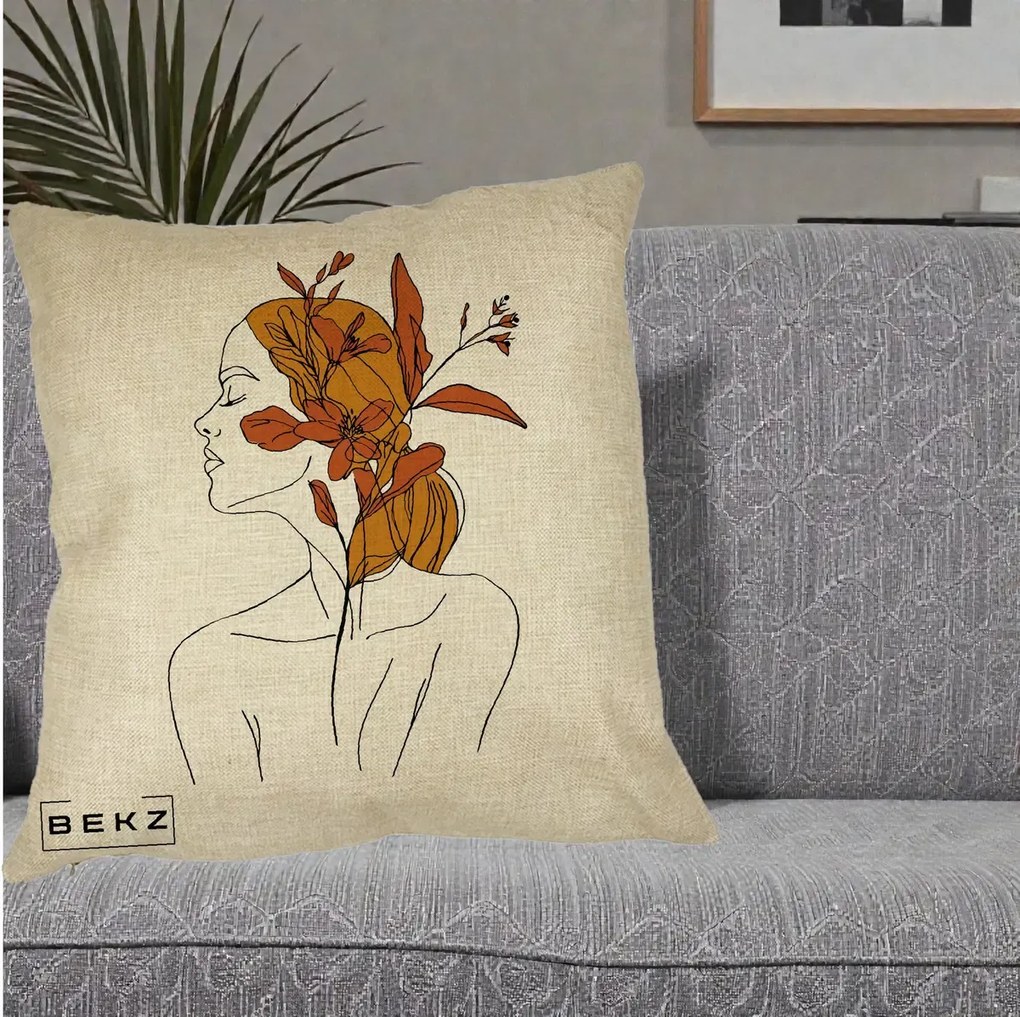 Perna Decorativa Portret Feminin Crin Ruginiu Auriu, 40x40 cm, Crem, Husa Detasabila, Perna Inclusa, BEKZ®