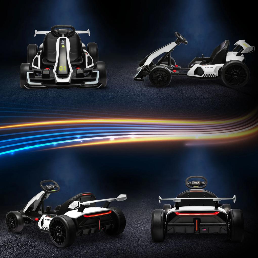 Kart electric pentru copii cu vârsta între 6-12 ani 24V 12km/h cu scaun reglabil, Drift Go-kart cu claxon, lumini, alb HOMCOM | Aosom RO