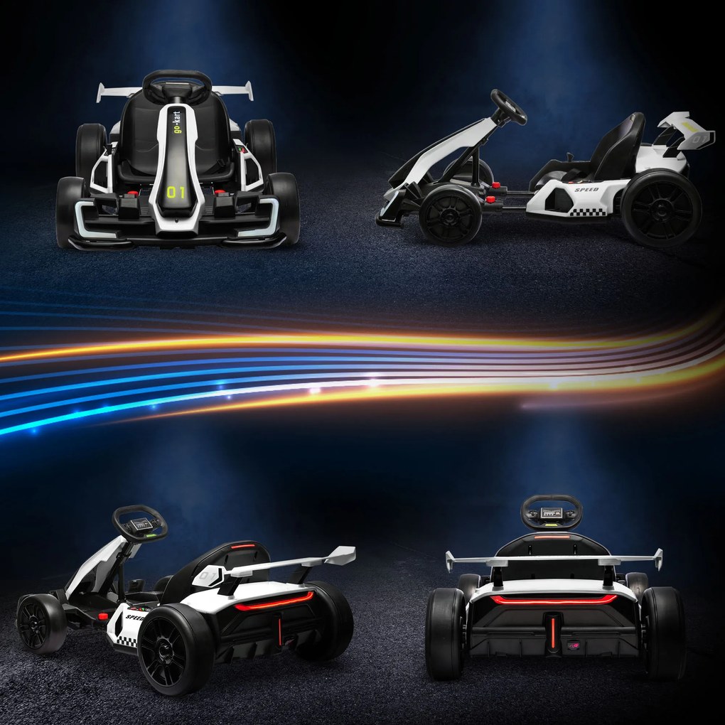 Kart electric pentru copii cu vârsta între 6-12 ani 24V 12km/h cu scaun reglabil, Drift Go-kart cu claxon, lumini, alb HOMCOM | Aosom Romania