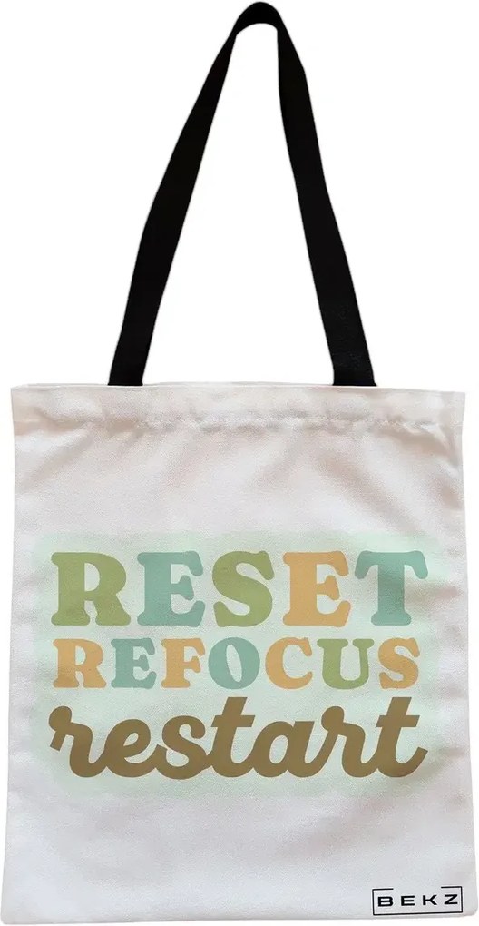 Sacosa de Panza pentru Cumparaturi, Geanta Tote, model RESET REFOCUS RESTART, Cu fermoar, 38x34.5 cm, Alba, BEKZ®