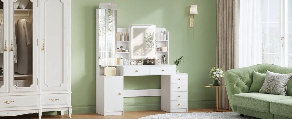Masuta machiaj cu Oglinda LED si 6 Sertare pentru Cosmetice, Set Masa toaleta 140 cm, Alb, masuta cosmetica, vanity - SEA7