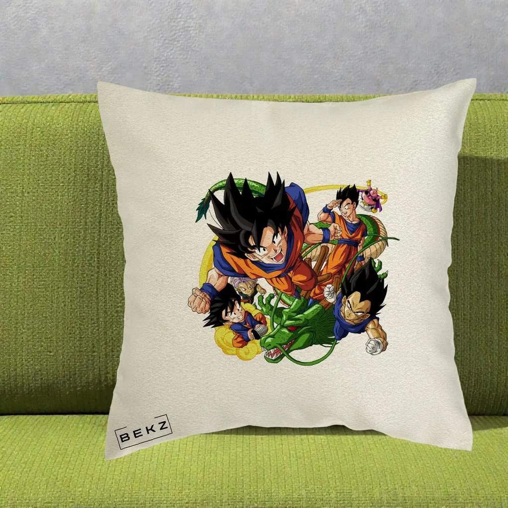 Perna Personalizata Dragon Ball Goku si Shenron Actiune, 40x40 cm, Ecru, Husa Detasabila, Perna Inclusa, BEKZ®