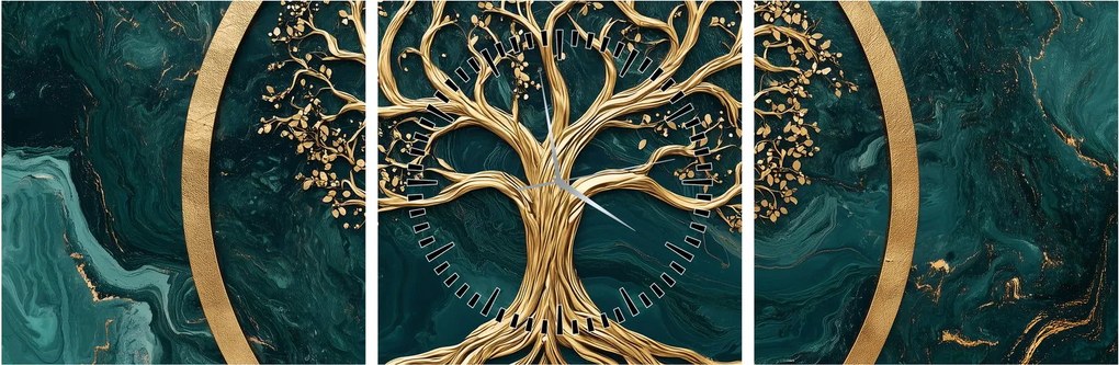 Tablou – Arborele vieții auriu în marmură (cu ceas) (90x30 cm)