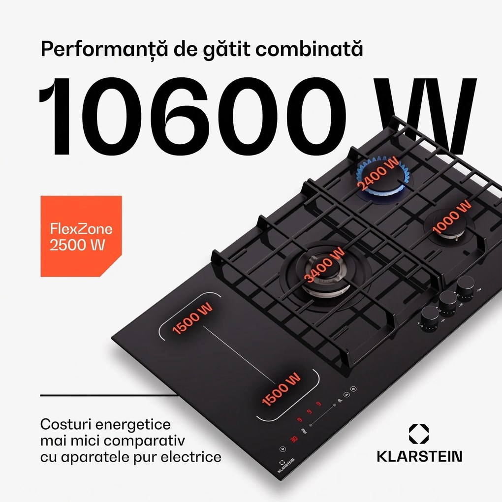 Klarstein MultiChef 5, plită cu inducție și gaz, 5 zone de gătit, 3 arzătoare cu gaz, 2 plite cu inducție, FlexZone