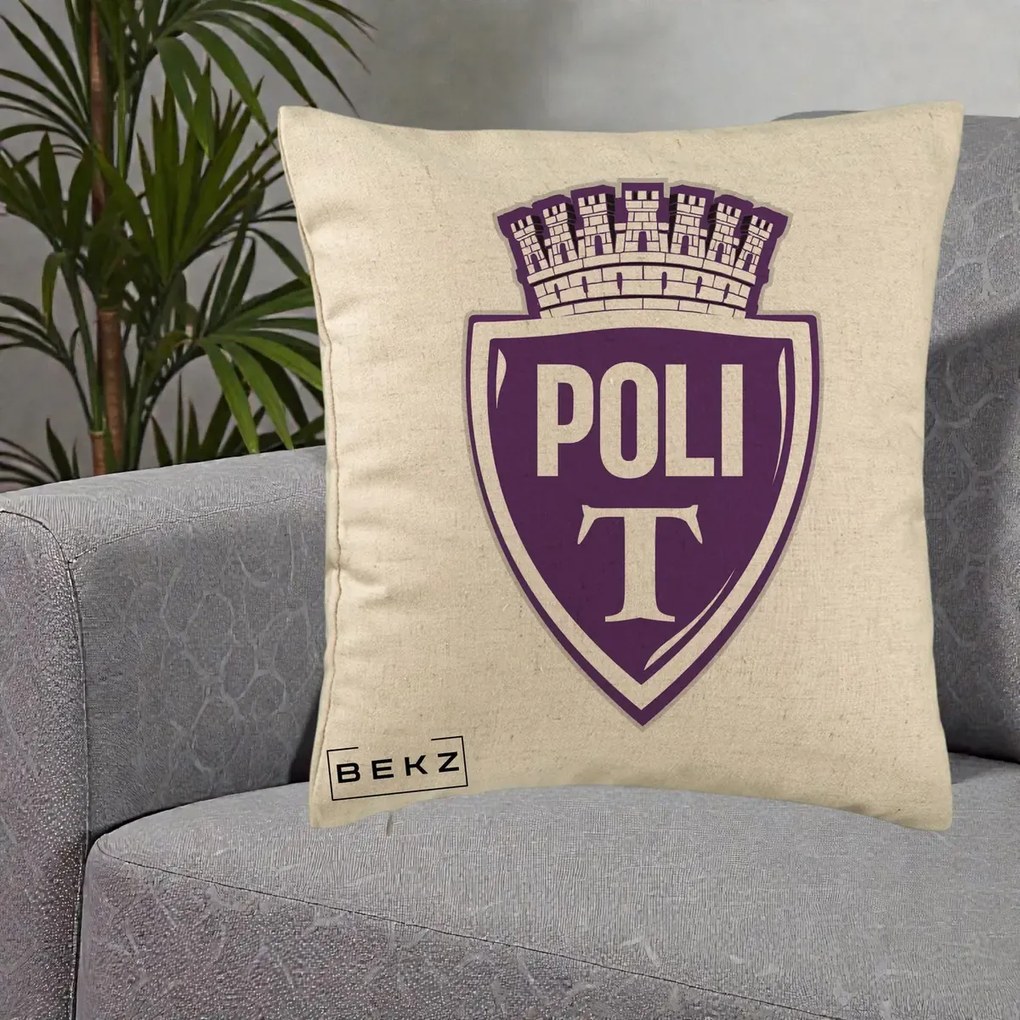 Perna Personalizata Poli Timisoara Fotbal, 40x40 cm, Bej, Husa Detasabila, Perna Inclusa, BEKZ®