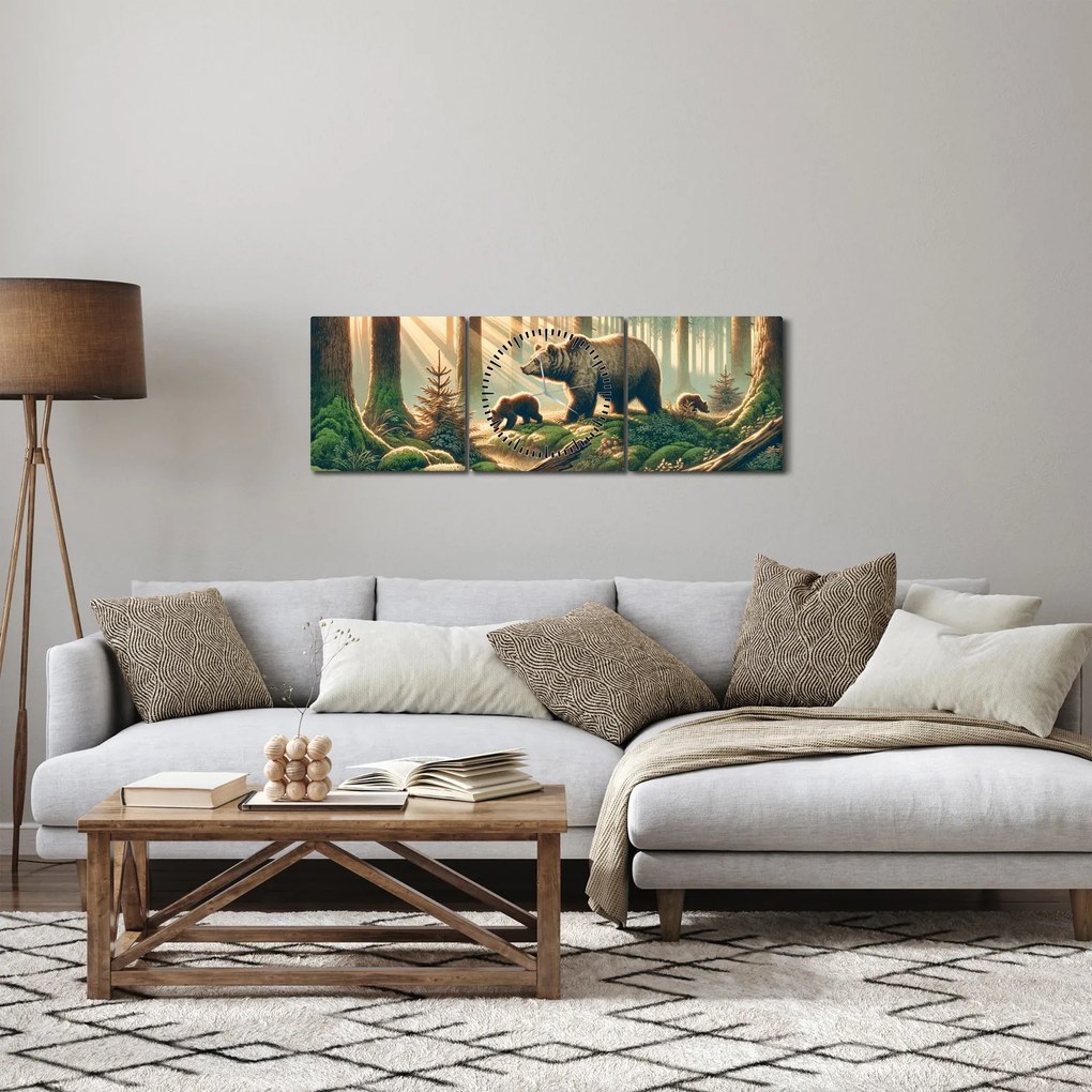 Tablou - Urși în pădure (cu ceas) (90x30 cm)