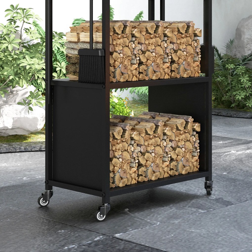 Outsunny Suport pentru Lemne de Foc de Interior și Exterior cu Roți și 4 Ustensile, cu Lopățică, Vătrai, Perie și Clește, Metal, 45 x 30 x 118 cm, Negru | Aosom Romania