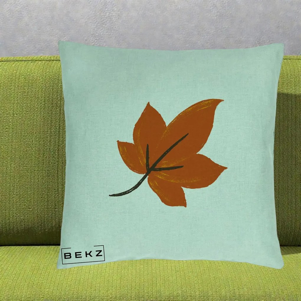 Perna Decorativa Frunza de Toamna Portocalie, 40x40 cm, Verde Menta, Husa Detasabila, Perna Inclusa, BEKZ®