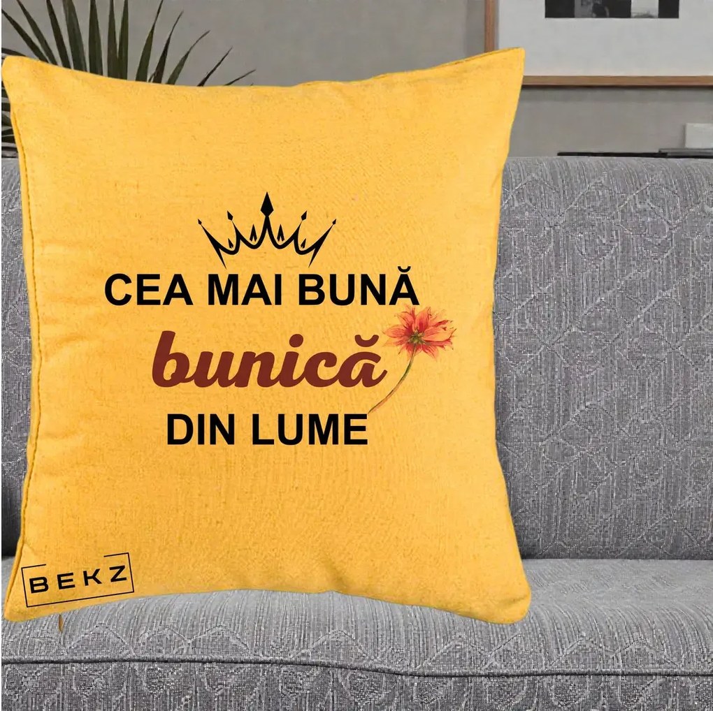 Cadou pentru Bunica - Perna Personalizata Cea Mai Buna Bunica Din Lume Coroana Mov Floare Roz, 40x40 cm, Galben, Husa Detasabila, Perna Inclusa, BEKZ®