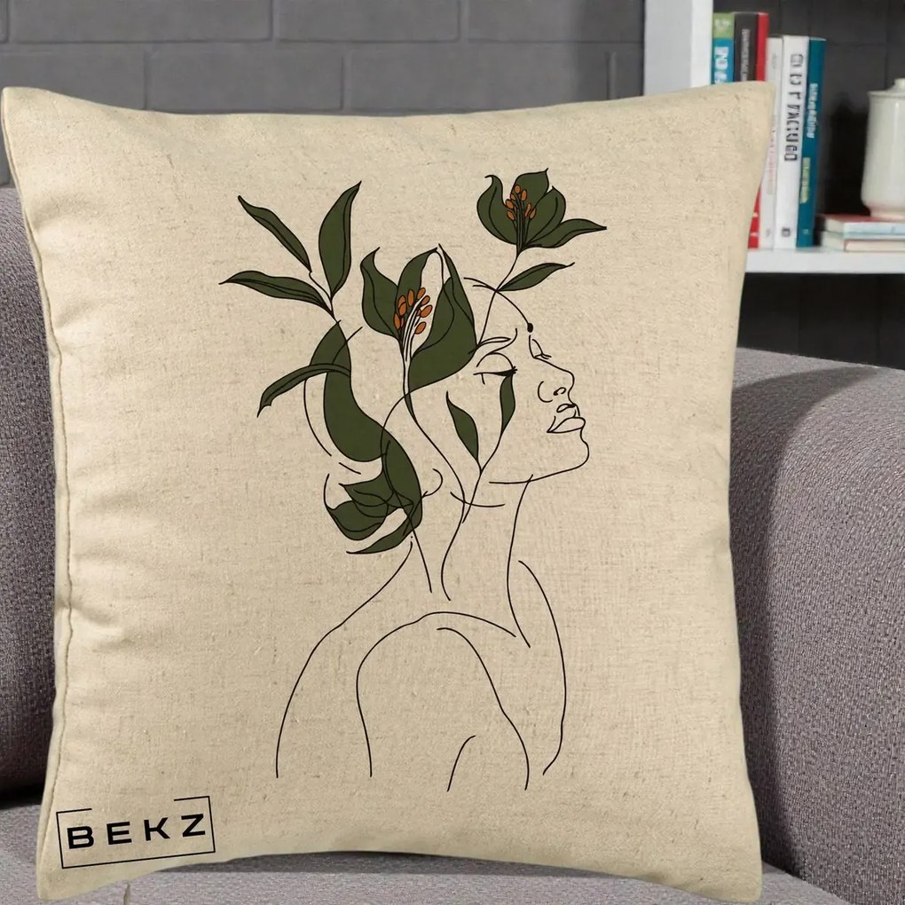 Perna Decorativa Portret Feminin Crin Verde, 40x40 cm, Bej, Husa Detasabila, Perna Inclusa, BEKZ®