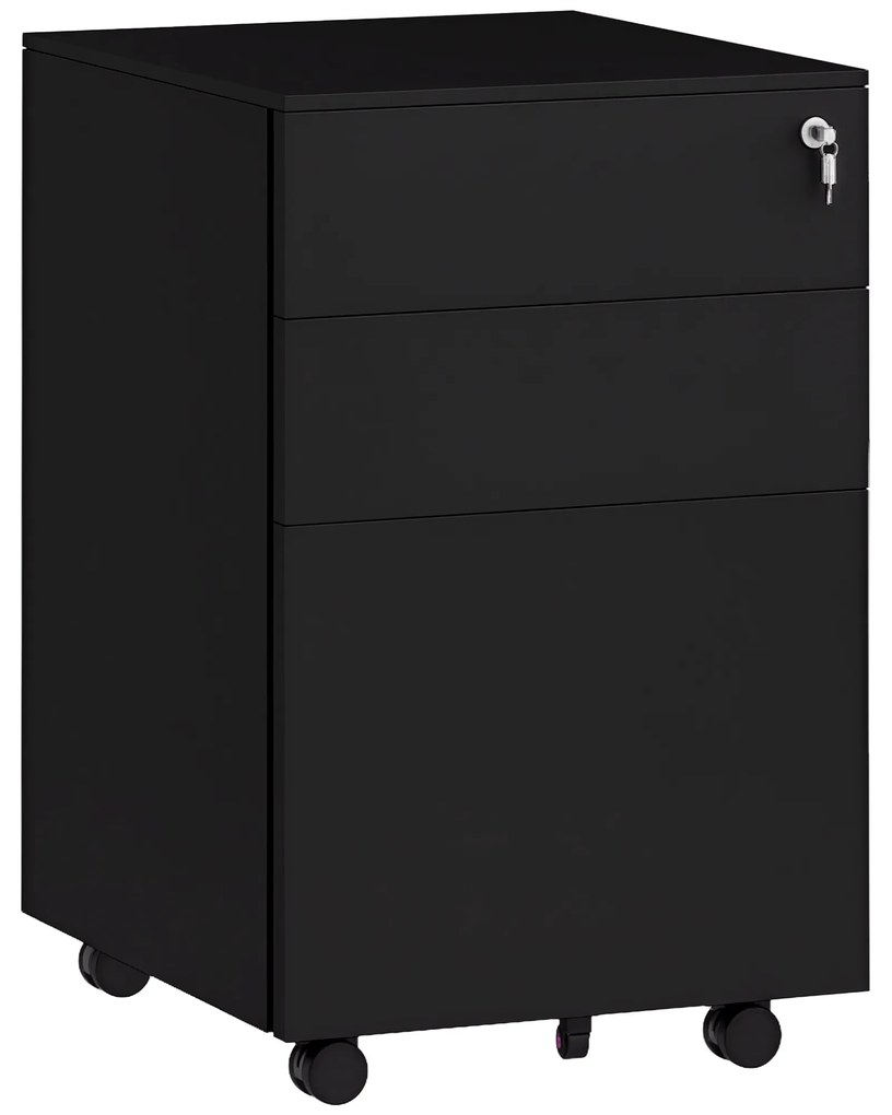 Vinsetto Container cu role și sertare, Negru, 3 sertare, blocabil, mobil, 37 cm x 43,5 cm x 60 cm | Aosom Romania