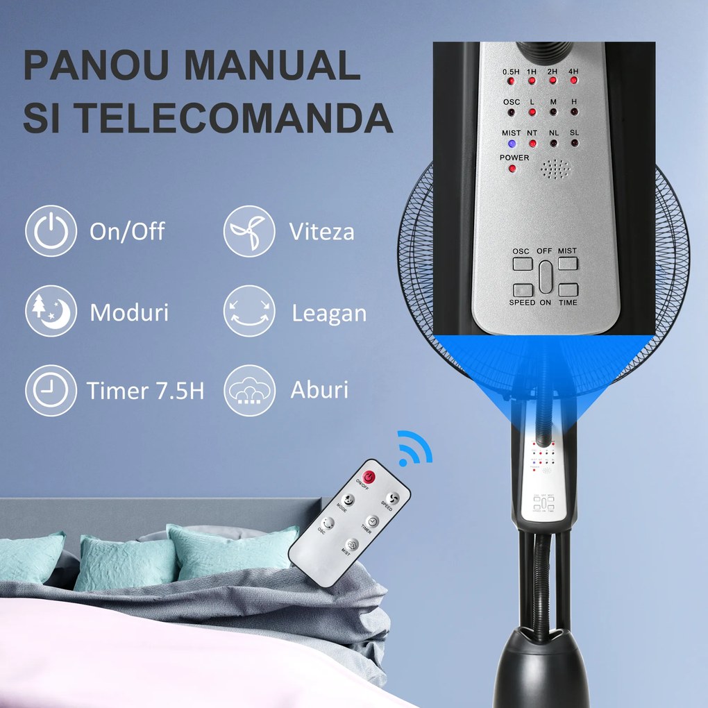 Ventilator Oscilant HOMCOM, Nebulizator 3 moduri, Ф44.5x120cm Negru | Aosom Romania
