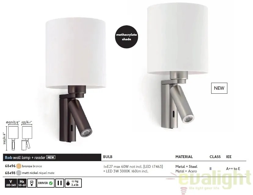 Aplica de perete cu reader LED ROB bronz 68496