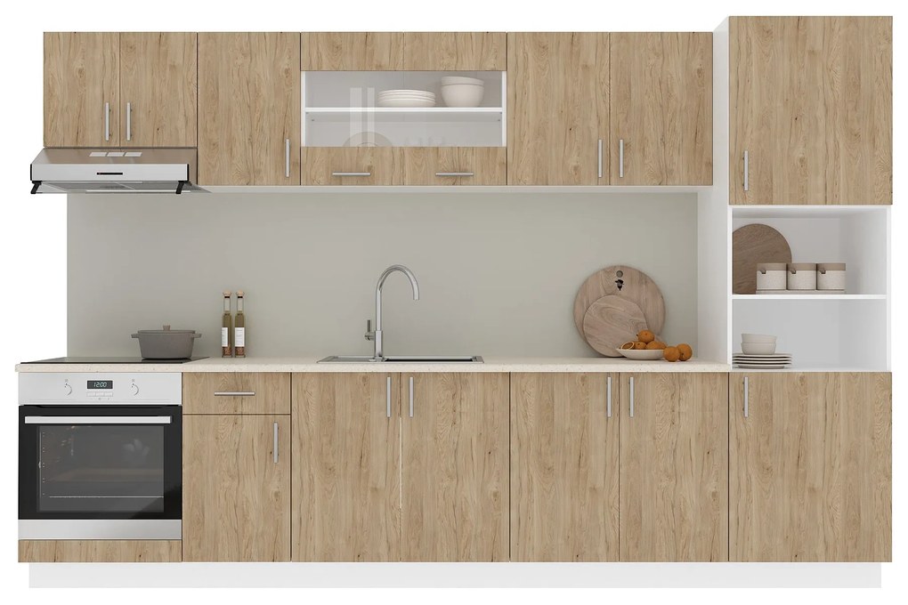 Set Bucatarie Karo V30, Lemn Natural/Alb, Blat Thermo 28 mm, L 320 cm