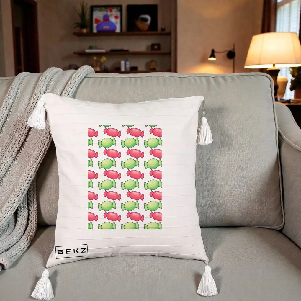 Perna Decorativa Bomboane Craciun Pattern, 40x40 cm, Bej cu Franjuri, Husa Detasabila, Perna Inclusa, BEKZ®